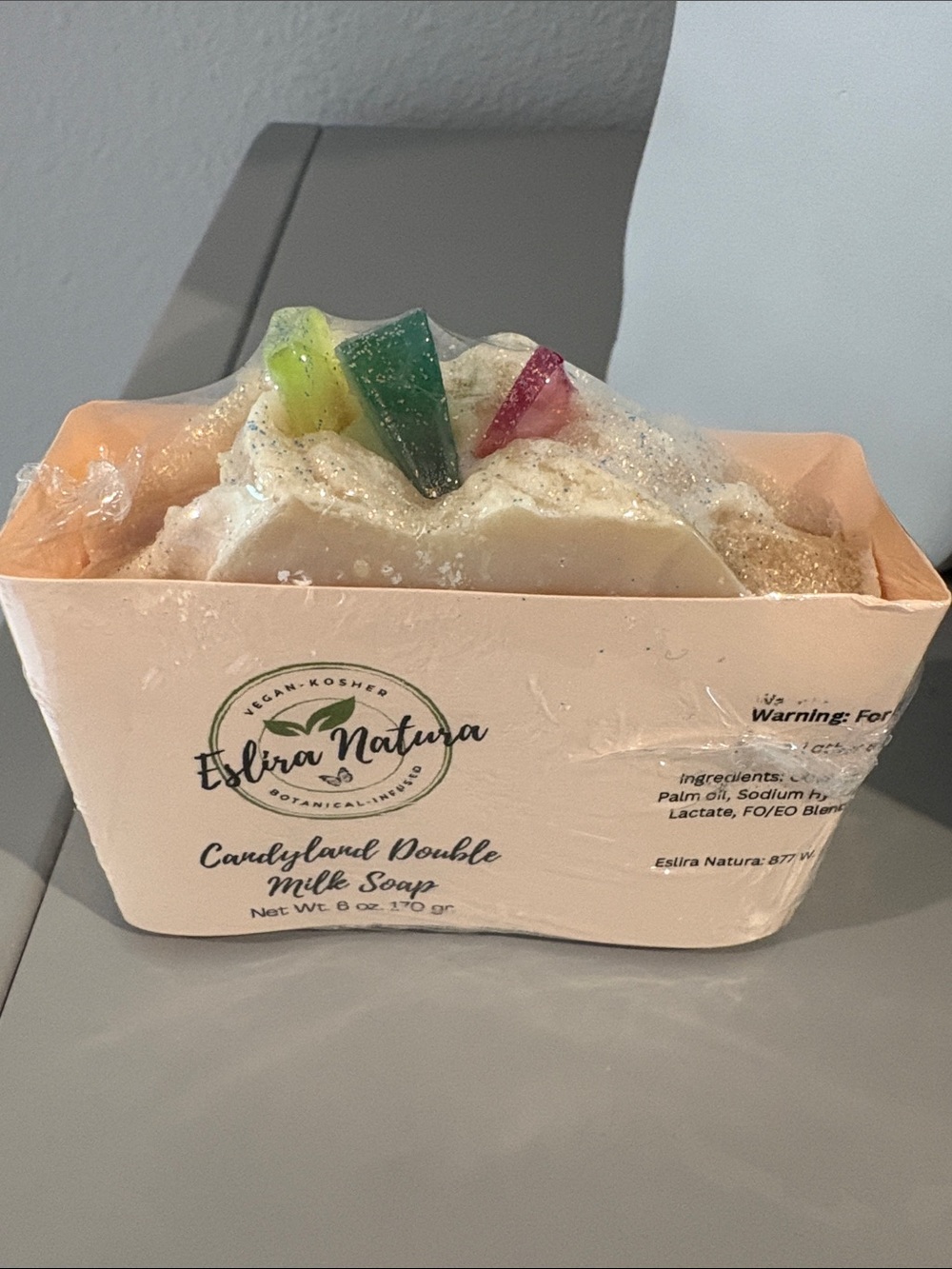 Eslira Natura Candyland Double Milk Soap - Peach with Green & Pink Accents 6 oz.